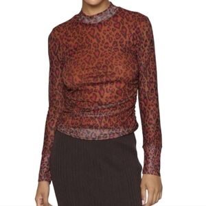 Farm Rio Leopard Pop Caramel Tulle Mock Neck Long Sleeve Blouse Sz S NWT